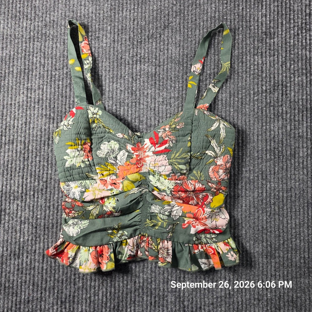 O-G Collective Floral Ruched Crop Top Sage Green Smocked Back XS